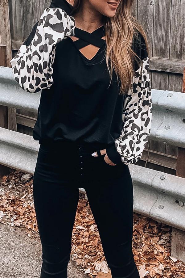 Long Sleeve Leopard Print V Neck Blouse