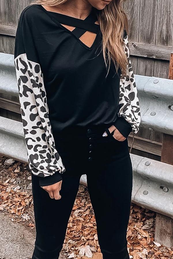 Long Sleeve Leopard Print V Neck Blouse