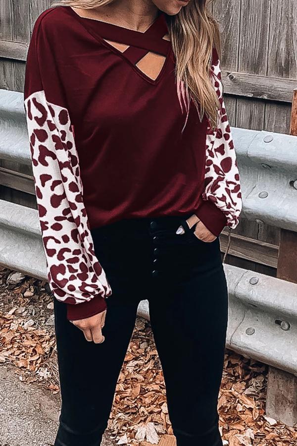 Long Sleeve Leopard Print V Neck Blouse