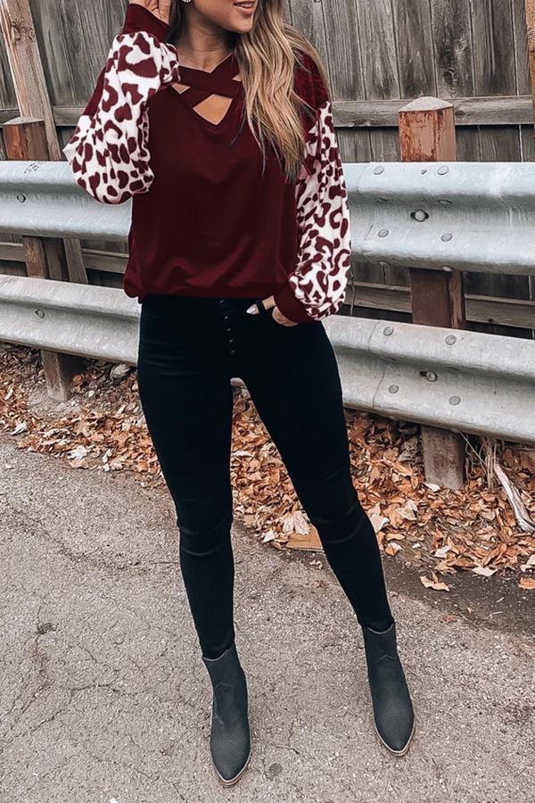 Long Sleeve Leopard Print V Neck Blouse