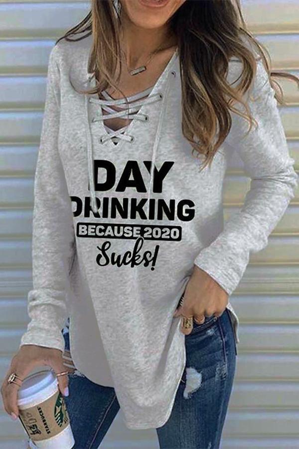 Stylish Slogan V Neck Knotted Shirt