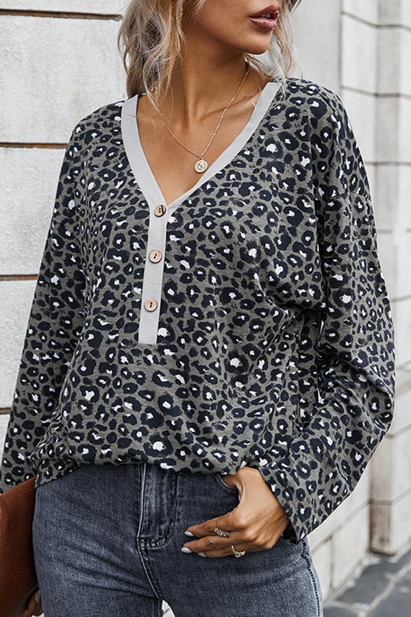 Leopard Print V Neck Casual Wear Blouse