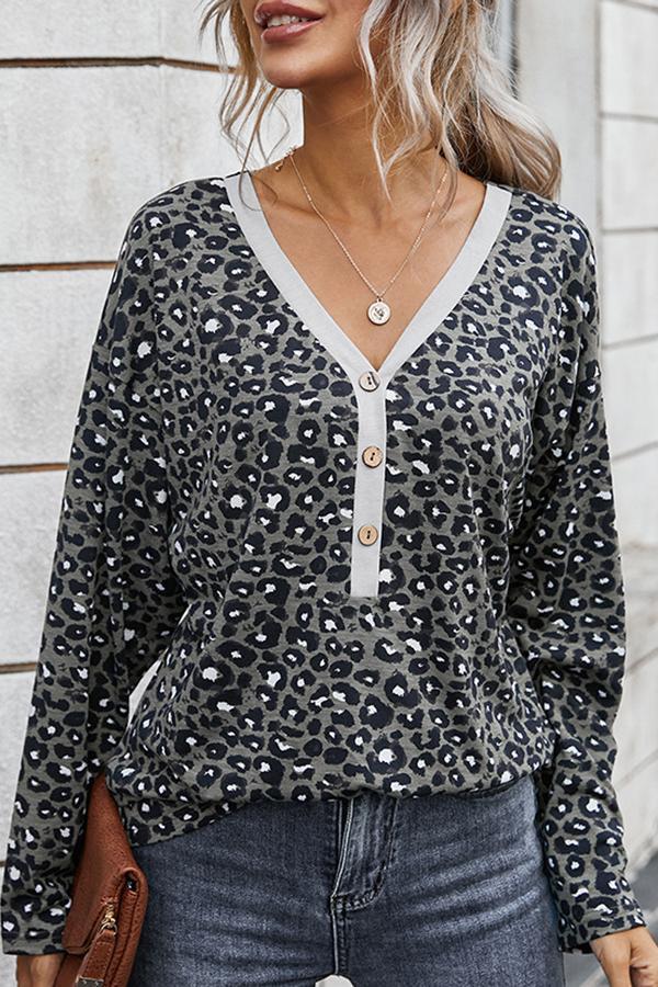 Leopard Print V Neck Casual Wear Blouse