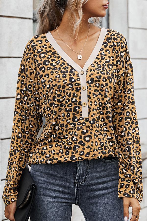 Leopard Print V Neck Casual Wear Blouse