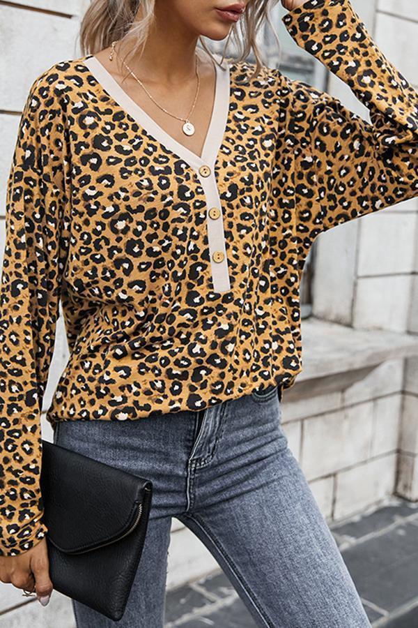 Leopard Print V Neck Casual Wear Blouse