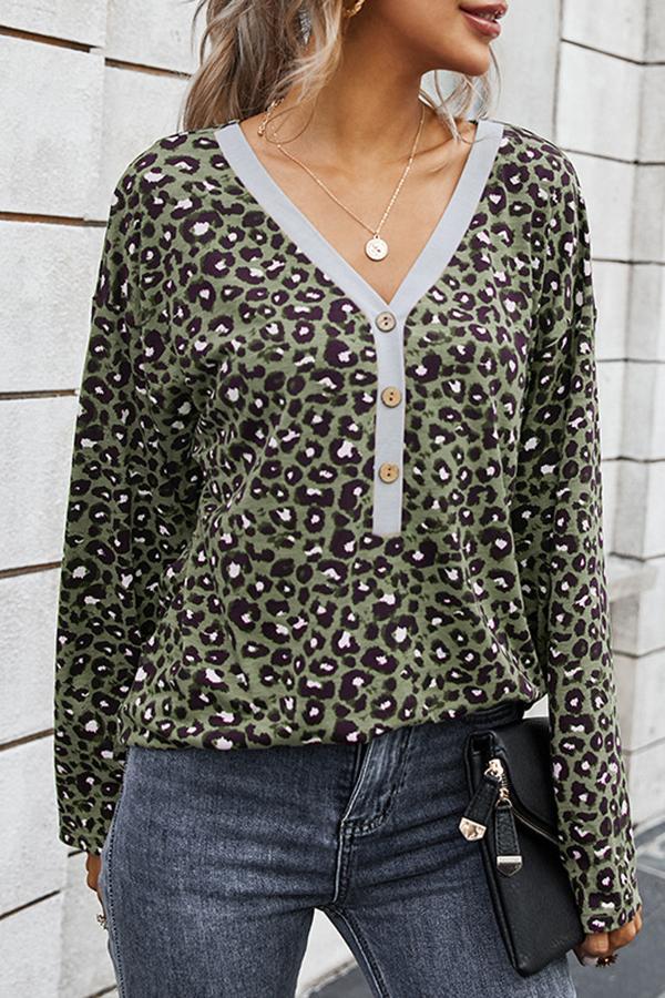 Leopard Print V Neck Casual Wear Blouse