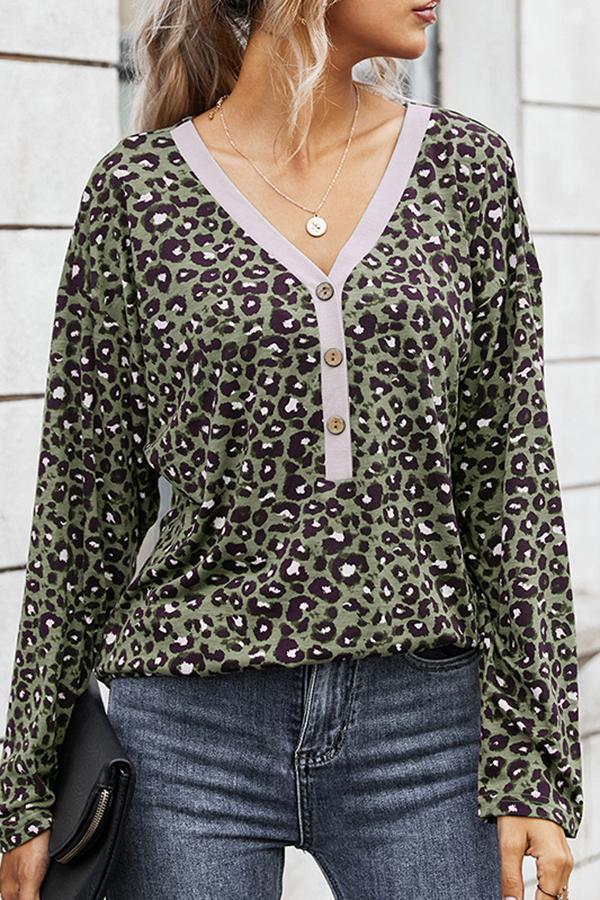 Leopard Print V Neck Casual Wear Blouse