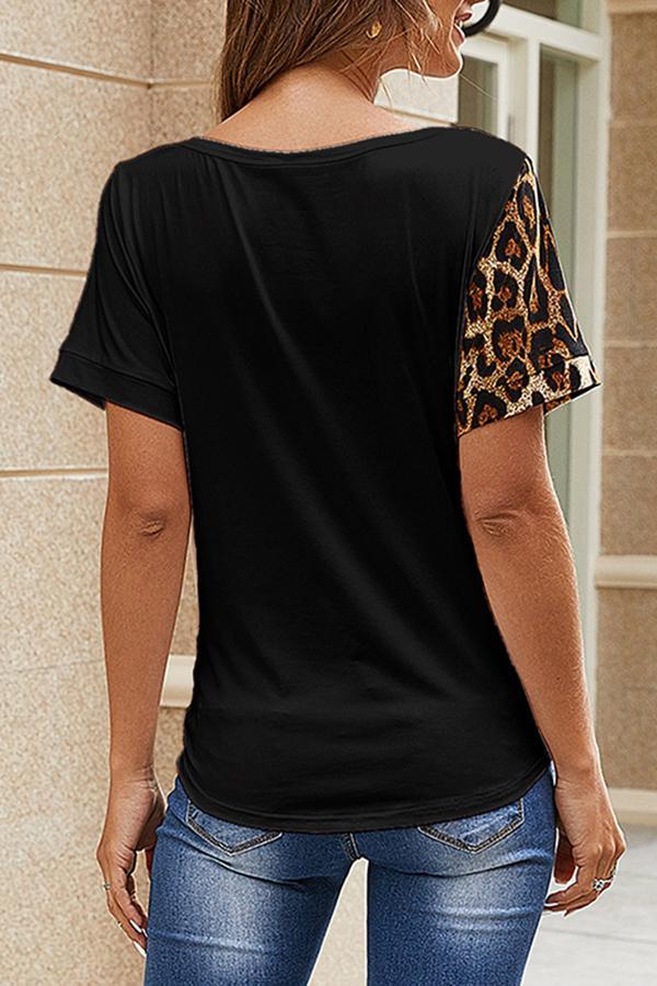 Leopard Print Irregular Stitching Pocket T-Shirt