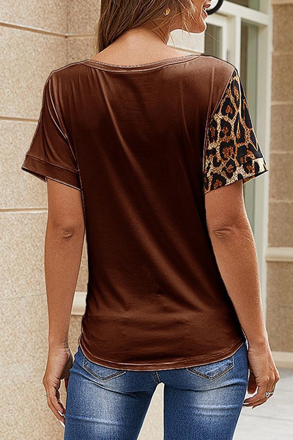 Leopard Print Irregular Stitching Pocket T-Shirt