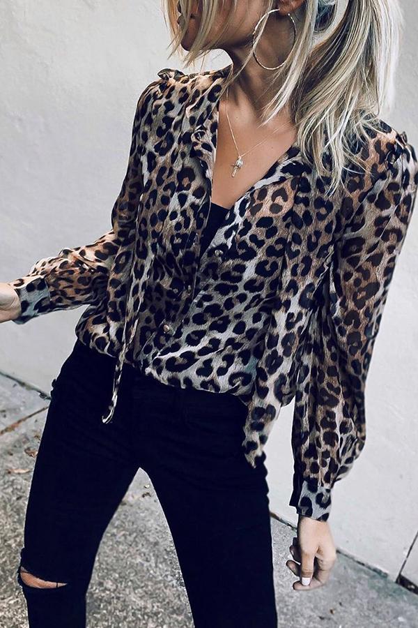 Lantern Sleeve Leopard Print Knotted Blouse