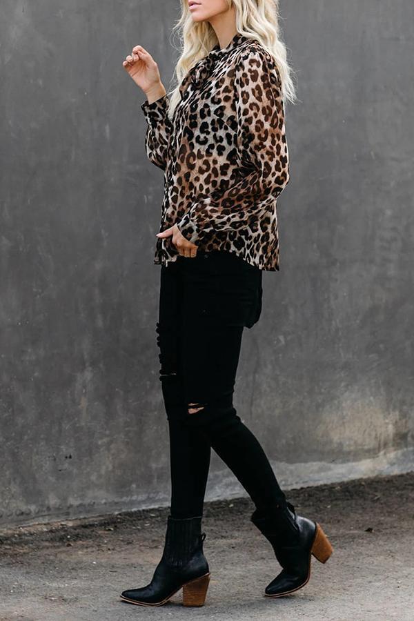 Lantern Sleeve Leopard Print Knotted Blouse