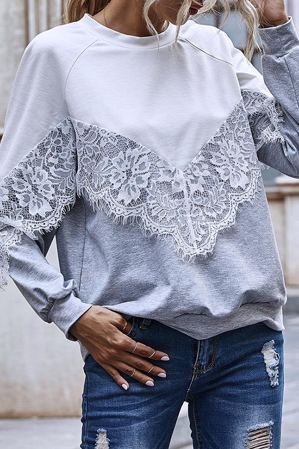 Patchwork Lace Sleeve Round Collar Sweatshirt