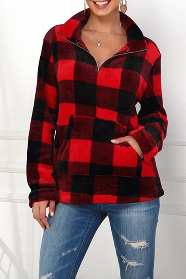 Plaid Long Sleeve Pocket Sweatshirt