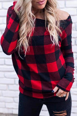 Long Sleeve Plaid One Shoulder Blouse