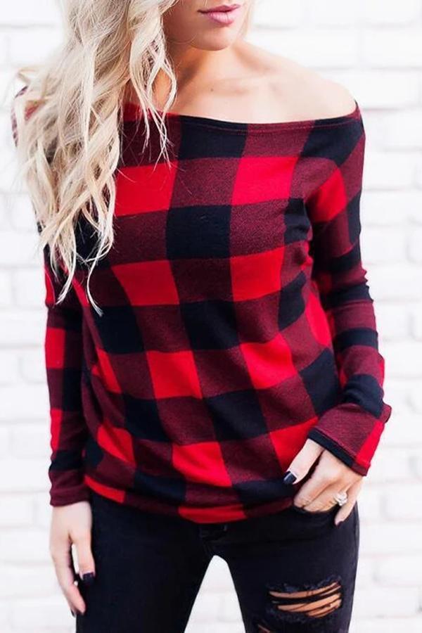 Long Sleeve Plaid One Shoulder Blouse