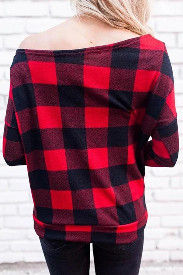 Long Sleeve Plaid One Shoulder Blouse