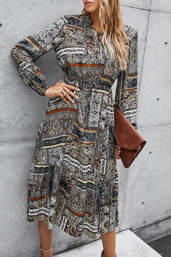 Ruffle Sleeve Tribal Print V Neck Dress