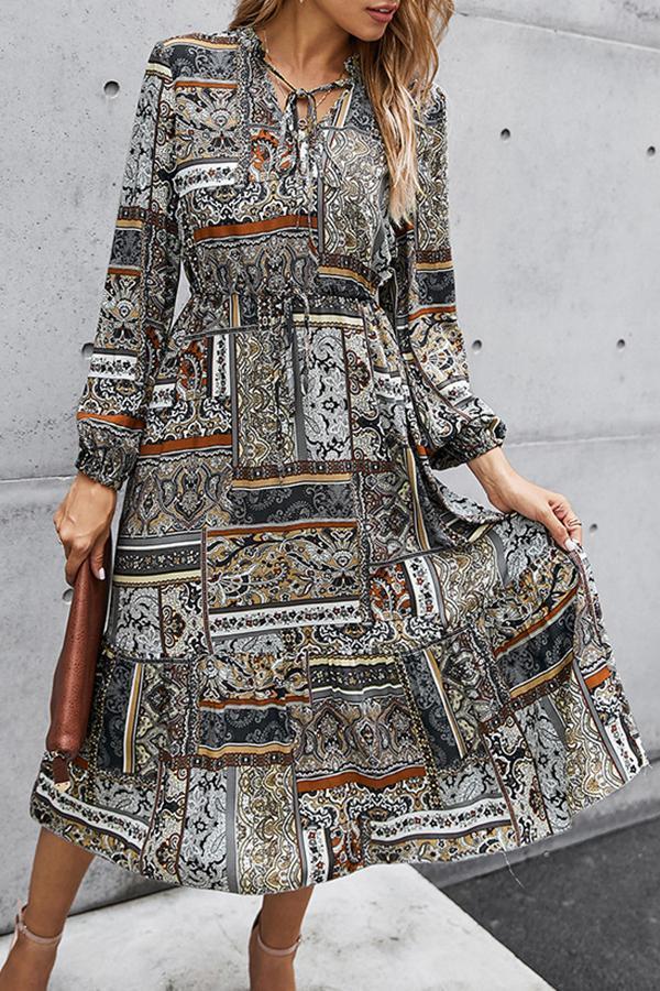 Ruffle Sleeve Tribal Print V Neck Dress