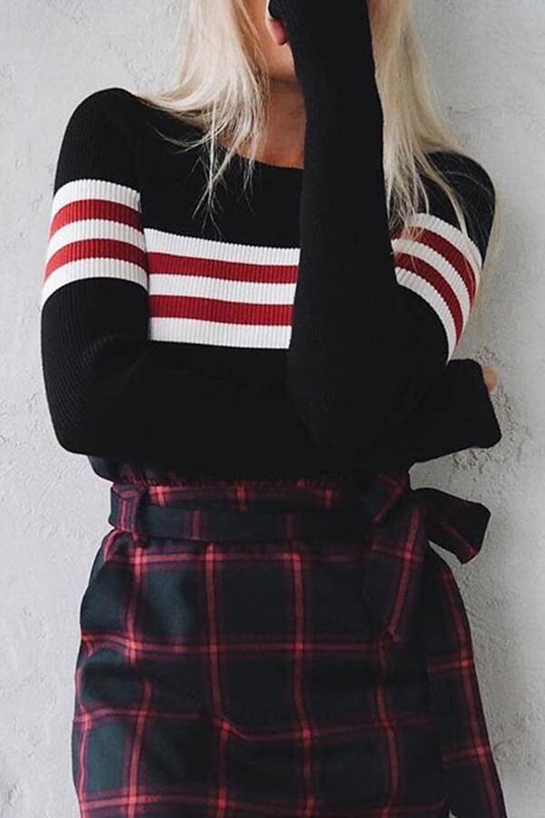 Striped Patchwork Round Neck Short Shirt