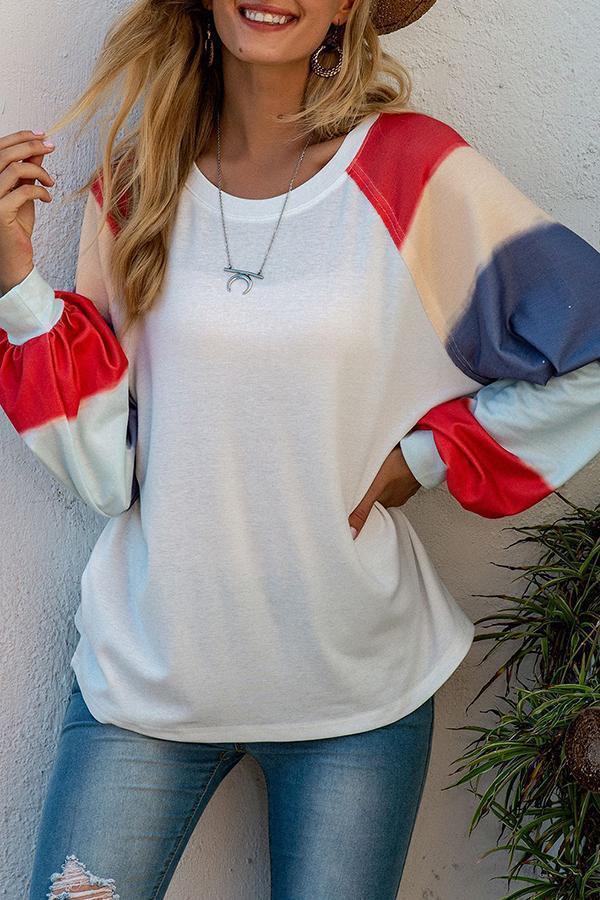 Lantern Sleeve Color Block Round Neck Shirt