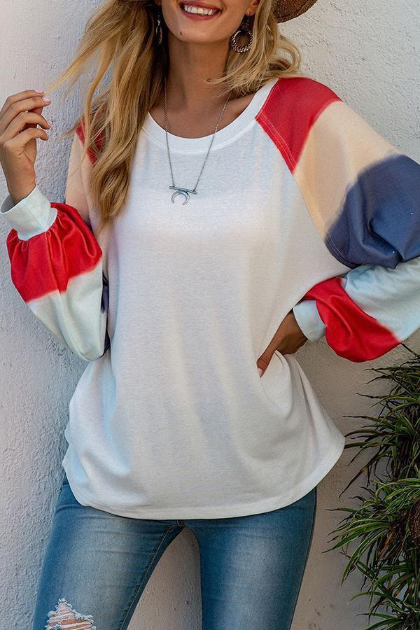 Lantern Sleeve Color Block Round Neck Shirt