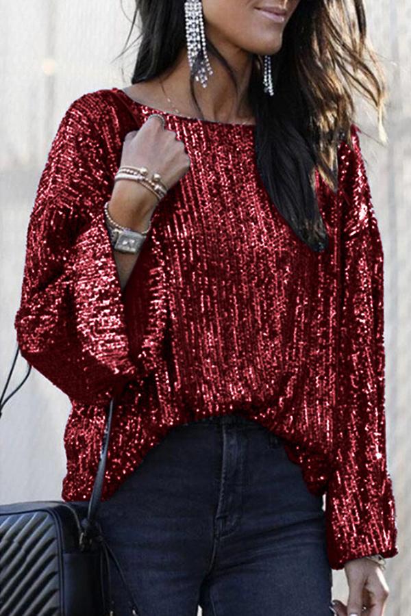 Wide Sleeve Shiny Round Neck Shirt