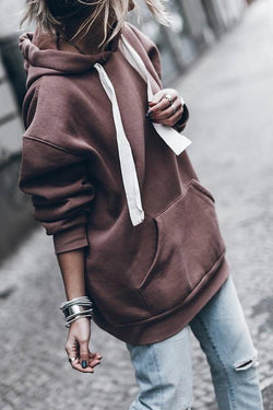 Hood Solid Color Hip-Length Sweatshirt