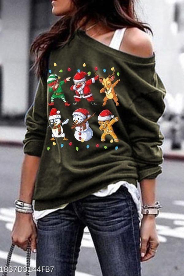 Christmas Printed One Shoulder Sweatshirt