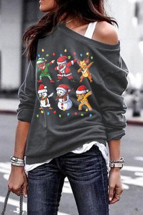 Christmas Printed One Shoulder Sweatshirt