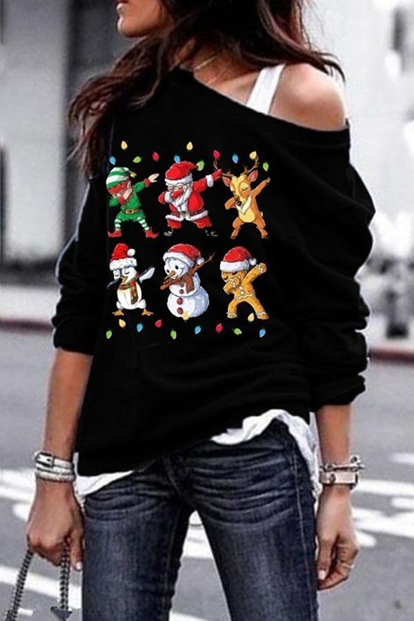 Christmas Printed One Shoulder Sweatshirt