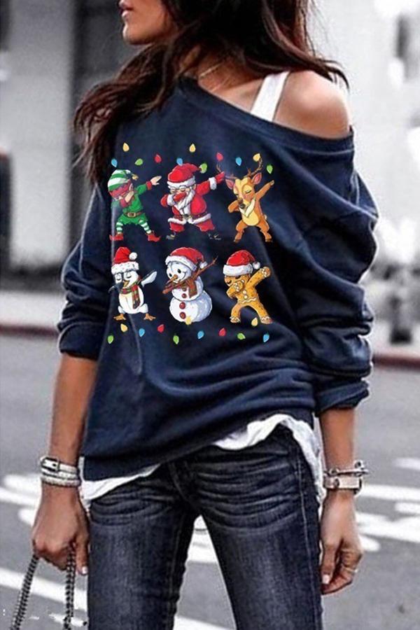 Christmas Printed One Shoulder Sweatshirt