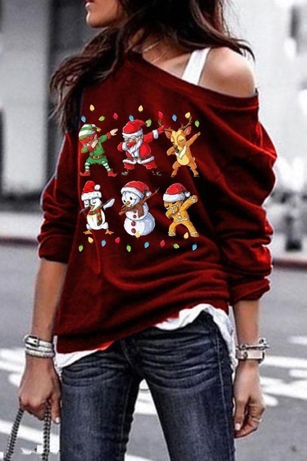 Christmas Printed One Shoulder Sweatshirt