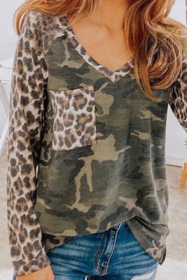 V Neck Leopard Print Pocket Blouse