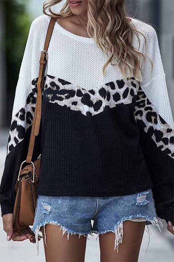 Leopard Patchwork Round Neck Blouse