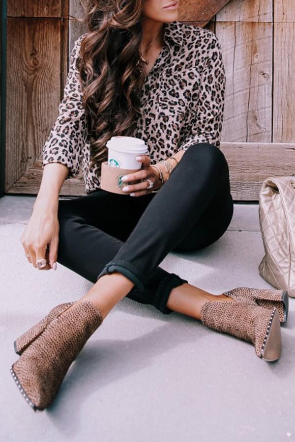 Leopard Print Lapel Long Sleeve Blouse