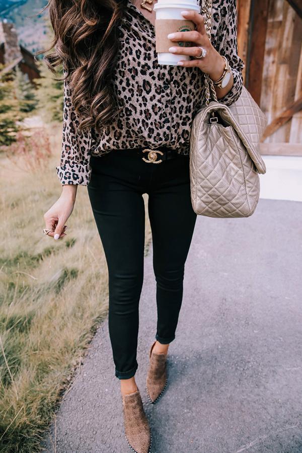 Leopard Print Lapel Long Sleeve Blouse