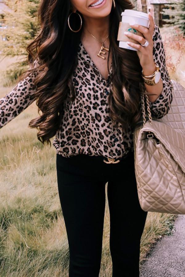 Leopard Print Lapel Long Sleeve Blouse