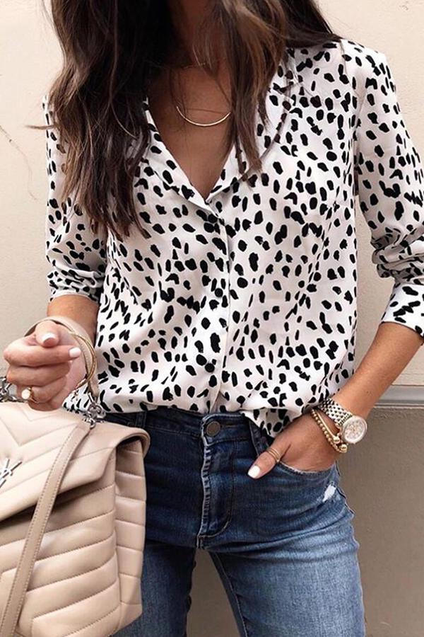 Leopard Print Lapel Long Sleeve Blouse