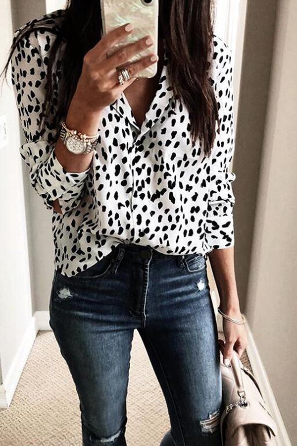 Leopard Print Lapel Long Sleeve Blouse