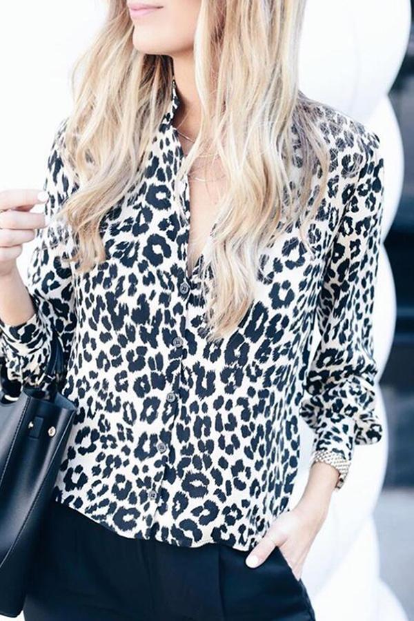 Leopard Print Lapel Long Sleeve Blouse