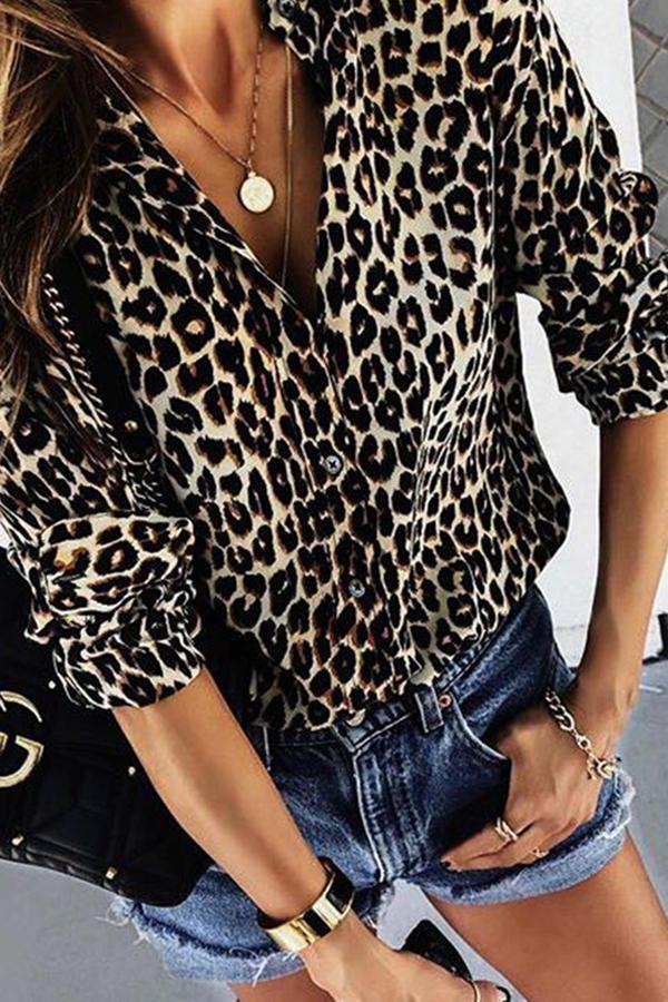 Leopard Print Lapel Long Sleeve Blouse