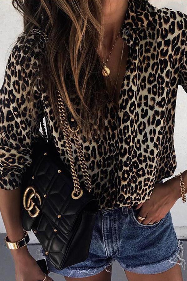 Leopard Print Lapel Long Sleeve Blouse