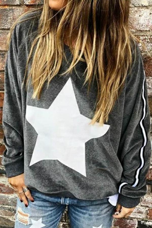 Sporty Round Neck Star Long Sleeve Sweatshirt