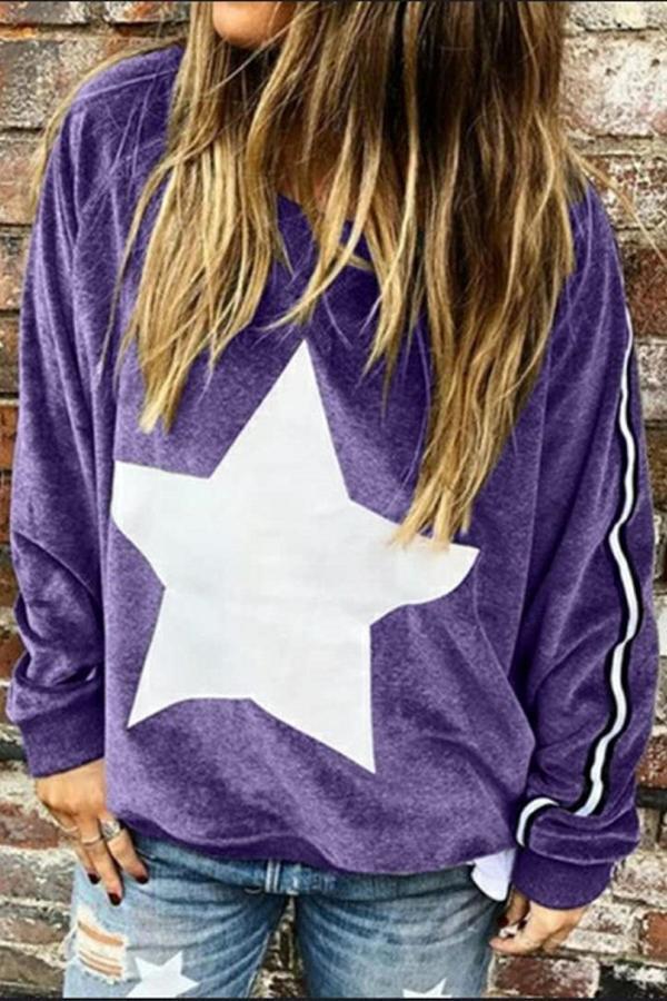 Sporty Round Neck Star Long Sleeve Sweatshirt