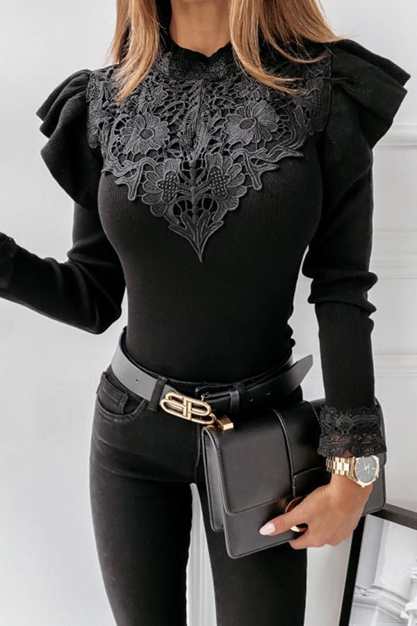 Feminine Lace Solid Color Slim Fit Blouse