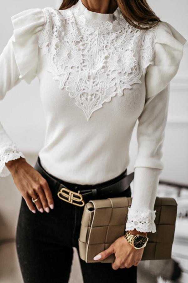 Feminine Lace Solid Color Slim Fit Blouse