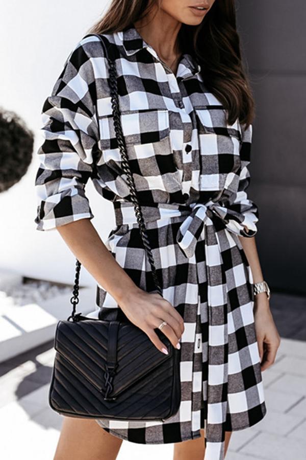 Unusual Tartan Shirt Collar Mini Dress