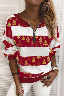 Casual Srtipy Zipper Round Neck Sweatshirt