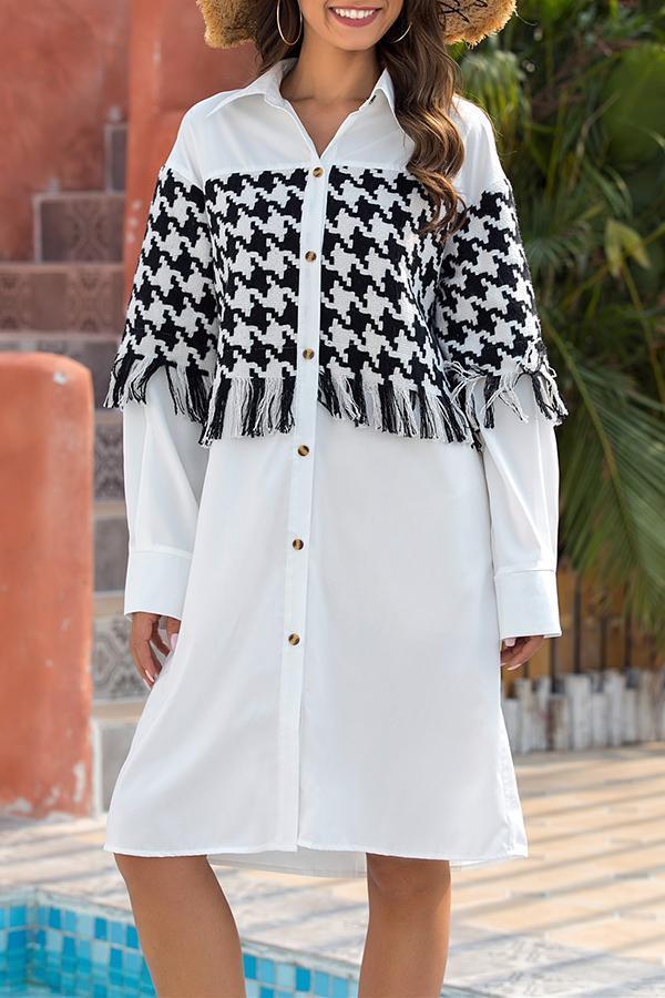 Stylish Patchwork Tassels Long Sleeve Shirt Collar Midi Dress