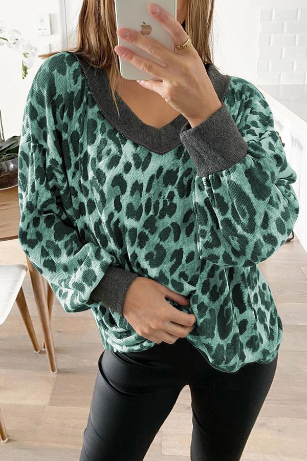 Modern Leopard Print V Neck Baggy Sweatshirt